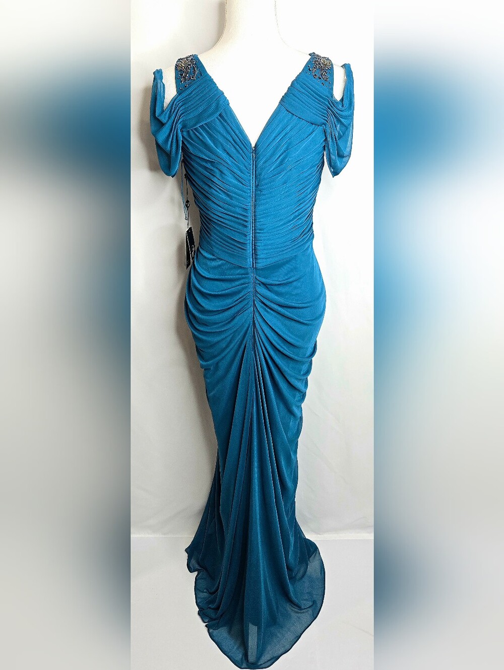 Adrianna Papell Wedding Guest Peacock Teal Beaded Chiffon Evening Gown NWOT 10 - Picture 8 of 14